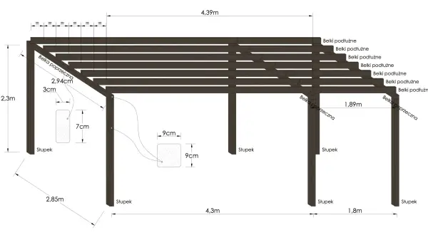 Techniczny projekt pergoli z wymiarami: słupki, belki podłużne i poprzeczne. Wymiary: 4,39m, 2,3m, 2,85m, 1,89m, 1,8m.