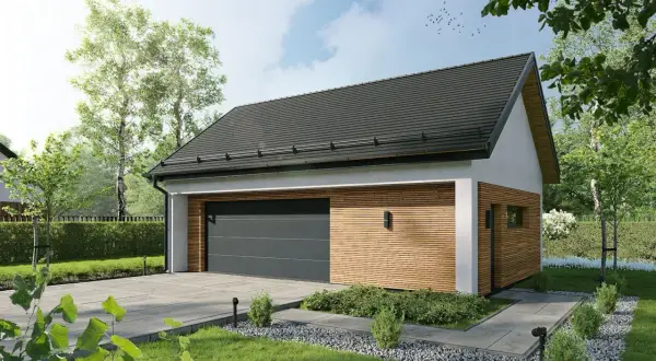 Nowoczesny budynek gospodarczy projekt 35m2 z drewnianą elewacją i dużym garażem, otoczony zielenią.