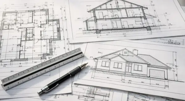 Na stole leżą rysunki architektoniczne: przekrój domu, rzut parteru i elewacja. Obok znajduje się linijka i długopis, gotowe do pracy nad projektem technicznym i budowlanym.