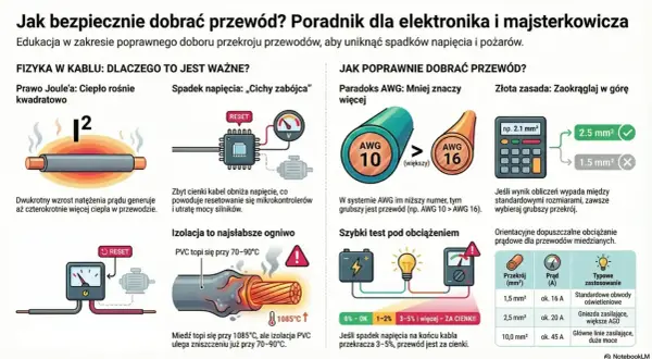 Rodzaje przewodów elektrycznych tabela: porównanie przekrojów, spadku napięcia i obciążenia prądowego. Wybierz grubszy przewód, jeśli obliczenia wypadają między standardowymi rozmiarami.