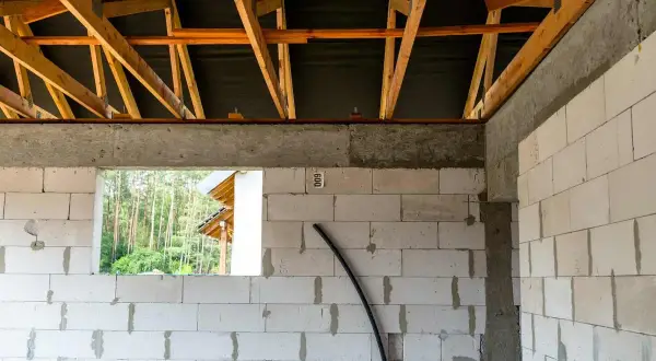 Budowa domu w toku. Widoczny szalunek wieńca nad ścianami z bloczków, drewniana konstrukcja dachu i otwór okienny z widokiem na las.