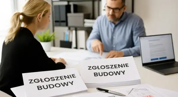 Para, która wymaga pozwolenia na budowę, omawia dokumenty "Zgłoszenie budowy". Na stole leżą plany z pieczątką "APPROVED".