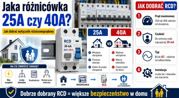 Porównanie wyłączników różnicowoprądowych 25A i 40A. Wybór odpowiedniej różnicówki do falownika zależy od obciążenia i liczby obwodów.