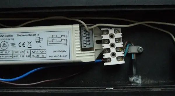 Schemat podłączenia świetlówki 2x18W z elektronicznym statecznikiem ANS-lighting. Widać przewody zasilające i wyjściowe do świetlówek.
