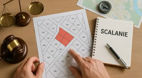 Plan podziału działek z zaznaczonym obszarem do scalenia. Obok waga, młotek sędziowski i notatnik z napisem "SCALANIE".