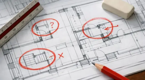 Przekrój domu rysunek z zaznaczonymi pytajnikami i krzyżykami. Linijka, ołówek i gumka sugerują proces projektowania.