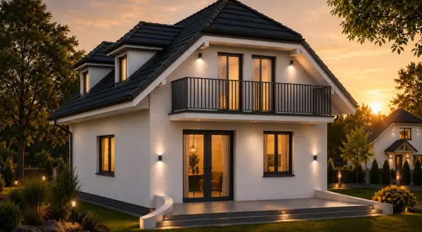 Nowoczesny dom z balkonem, projekt domu Adaś 70m2, oświetlony wieczorem.