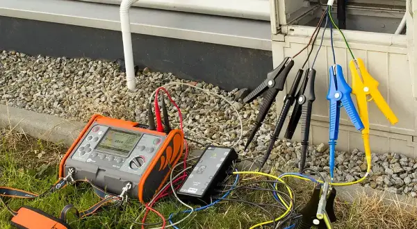 Przyrząd do pomiaru rezystancji izolacji podłączony do przewodów instalacji elektrycznej.