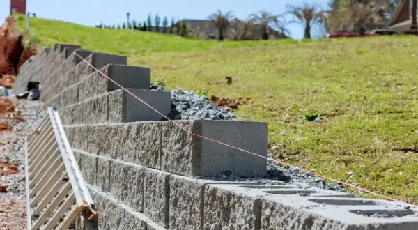 Budowa muru oporowego w ogrodzie. Betonowe bloki układane są warstwami, tworząc solidną konstrukcję. W tle zielona skarpa i dom.