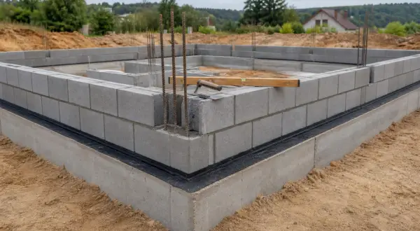 Fundamenty domu w budowie, z widocznym murem z bloczków betonowych, zbrojeniem i narzędziami budowlanymi.