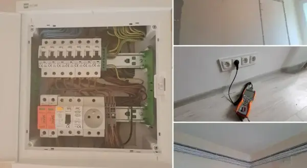 Nowa instalacja elektryczna: rozdzielnica z zabezpieczeniami, gniazdka i przewody w ścianach.