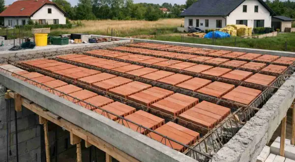 Budowa stropu monolitycznego z pustaków ceramicznych i zbrojenia. W tle domy i zielone pola.