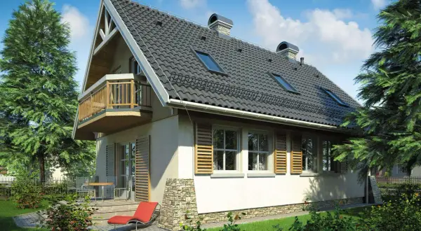 Nowy projekt domu z balkonem i kamienną podmurówką, otoczony zielenią. Idealne miejsce na relaks.