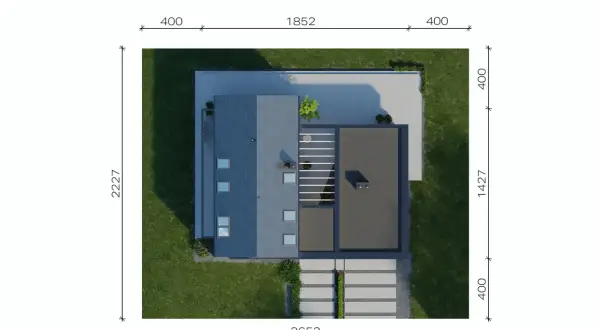 Nowoczesny dom z płaskim dachem, projekt HOMEKONCEPT 77, widziany z góry. Otoczony zielenią i wybrukowanym tarasem.