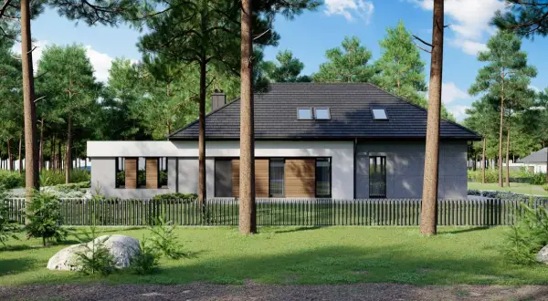 Nowoczesny dom z drewna i betonu, otoczony lasem. Projekt homekoncept 26 wariant 10, z dużymi oknami i dachem dwuspadowym.