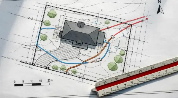 Projekt zagospodarowania działki przykład: plan domu z drogą dojazdową, zielenią i instalacjami. Linijka geodezyjna obok.