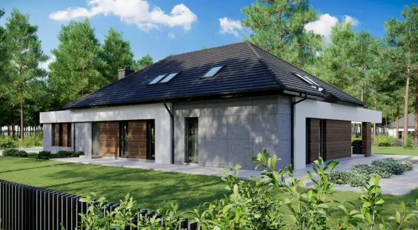Nowoczesny dom z szarym kamieniem i drewnem, otoczony sosnami. Jedna z wielu inspirujących realizacji homekoncept 26.