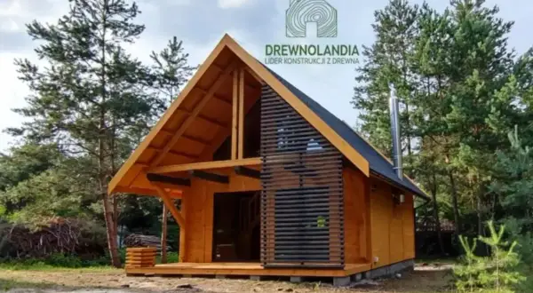 Nowoczesny domek letniskowy z drewna, otoczony sosnami. Idealny projekt dla miłośników natury.