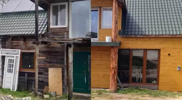 Przemiana starego domu na wzniesieniu w przytulne, drewniane schronienie. Widać wyraźną różnicę przed i po remoncie.