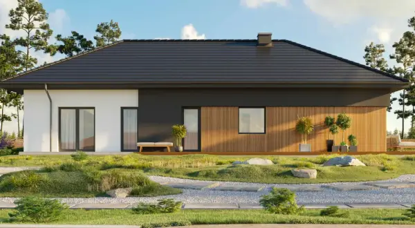 Nowoczesny dom z drewnianą elewacją, idealny dla rodziny. Projekt homekoncept 69.