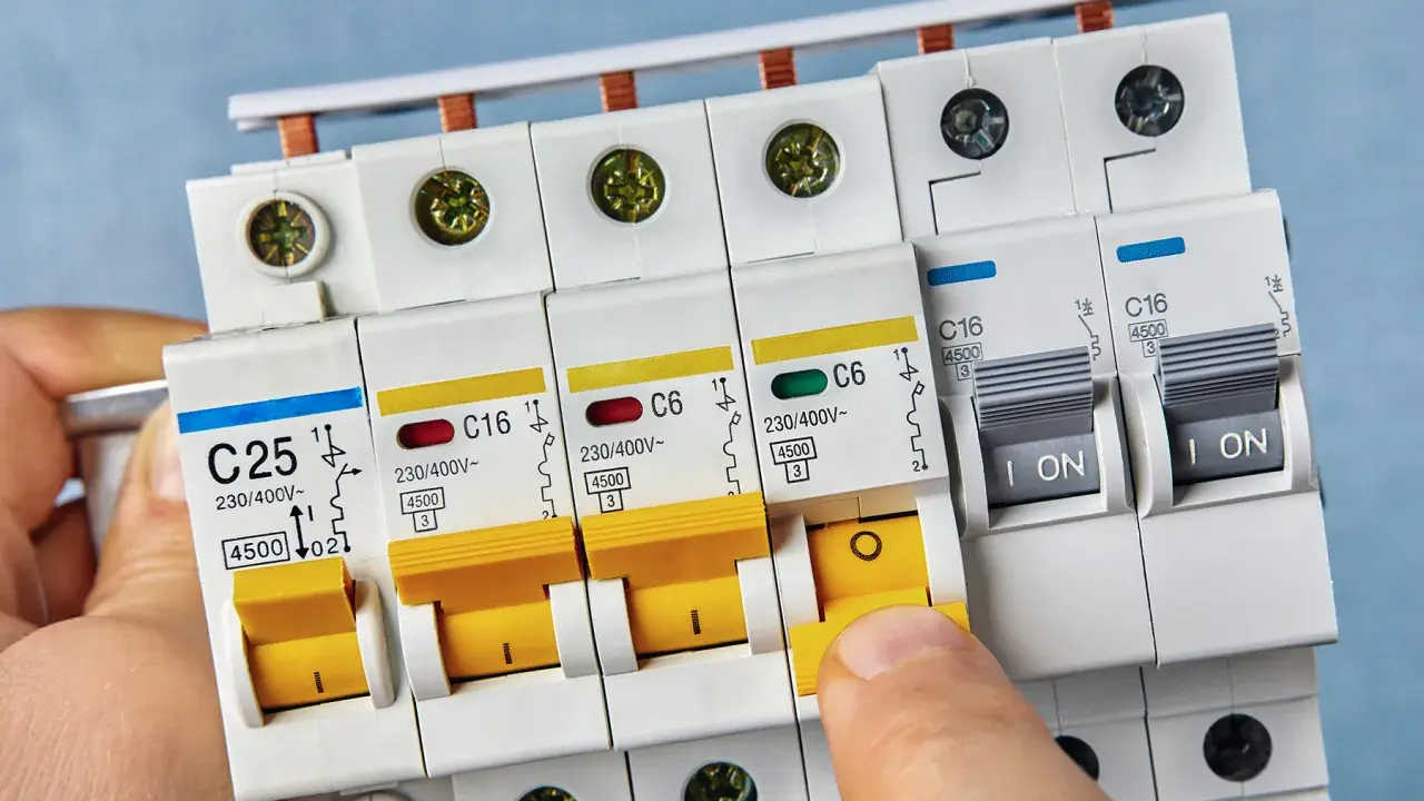 Palec naciska żółty wyłącznik nadprądowy typu b. Obok widać inne zabezpieczenia elektryczne.