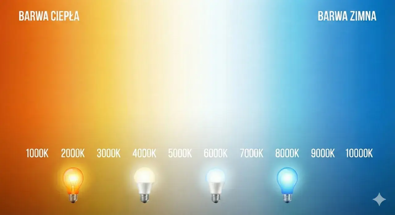 Gradient od ciepłej barwy 1000K do zimnej 10000K. Pokazuje różne odcienie światła, od pomarańczowego po niebieski, z żarówkami ilustrującymi temperaturę barwową.
