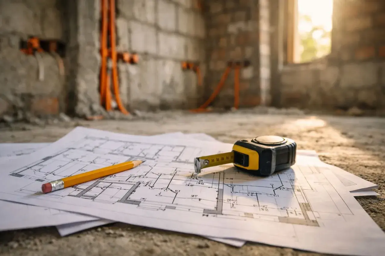 Plany budowy, ołówek i miarka leżą na ziemi. W tle widać instalację elektryczną, zgodną z normami elektrycznymi.
