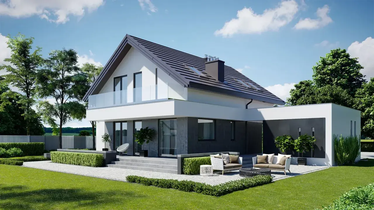 Nowoczesny dom z tarasem i ogrodem, idealny do relaksu. Projekt homekoncept 03.
