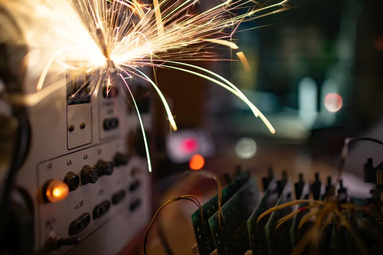 Iskry lecą z panelu sterowania, sugerując **przeciążenie instalacji elektrycznej**. W tle widać płytki drukowane i rozmyte światła.