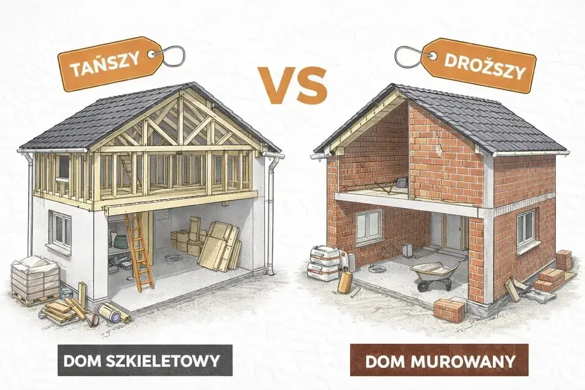 Porównanie budowy domu szkieletowego (tańszego, jak domy kanadyjskie) i murowanego (droższego).