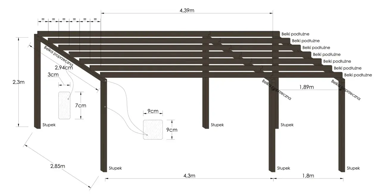 Techniczny projekt pergoli z wymiarami: słupki, belki podłużne i poprzeczne. Wymiary: 4,39m, 2,3m, 2,85m, 1,89m, 1,8m.