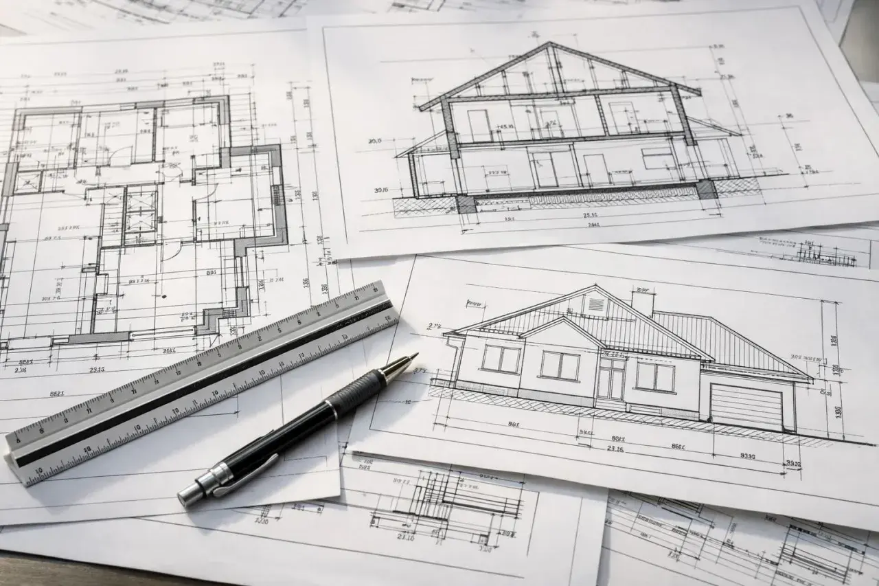 Na stole leżą rysunki architektoniczne: przekrój domu, rzut parteru i elewacja. Obok znajduje się linijka i długopis, gotowe do pracy nad projektem technicznym i budowlanym.