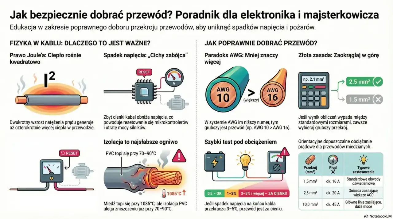 Rodzaje przewodów elektrycznych tabela: porównanie przekrojów, spadku napięcia i obciążenia prądowego. Wybierz grubszy przewód, jeśli obliczenia wypadają między standardowymi rozmiarami.
