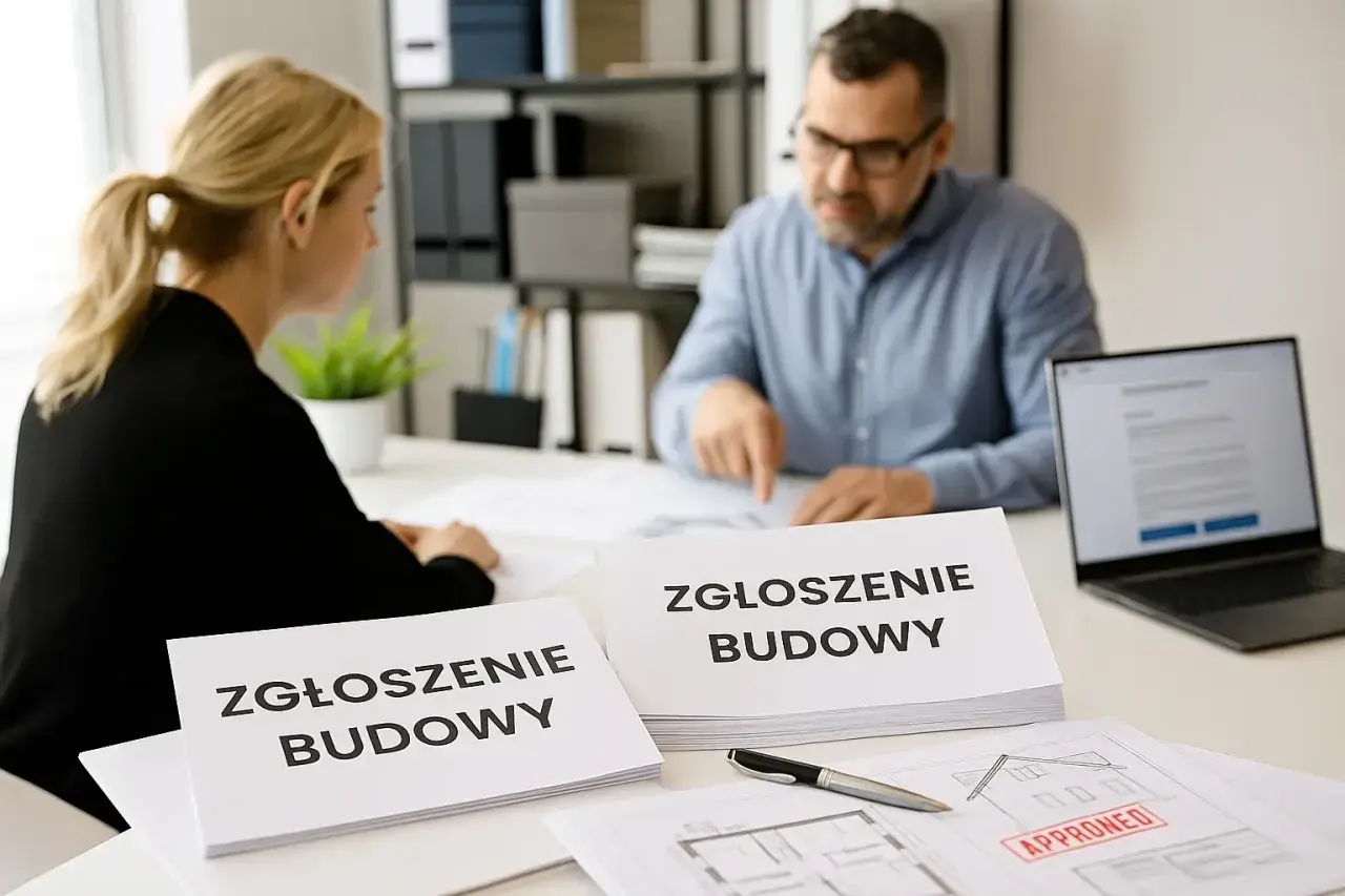 Para, która wymaga pozwolenia na budowę, omawia dokumenty "Zgłoszenie budowy". Na stole leżą plany z pieczątką "APPROVED".