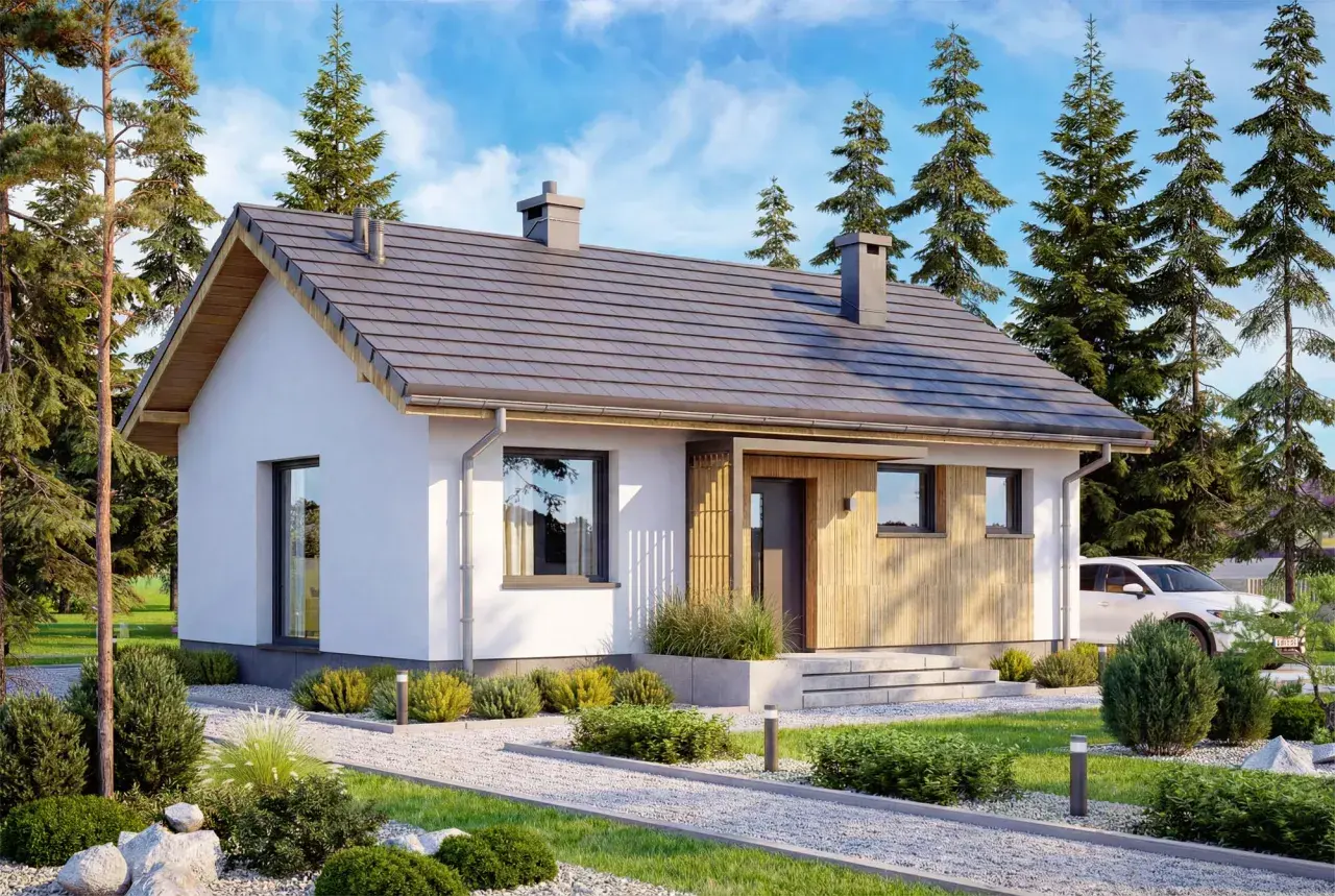 Nowoczesny projekt domu 70m2 z drewnianymi elementami, otoczony zielenią i sosnami. Biała elewacja, szary dach, duże okna.