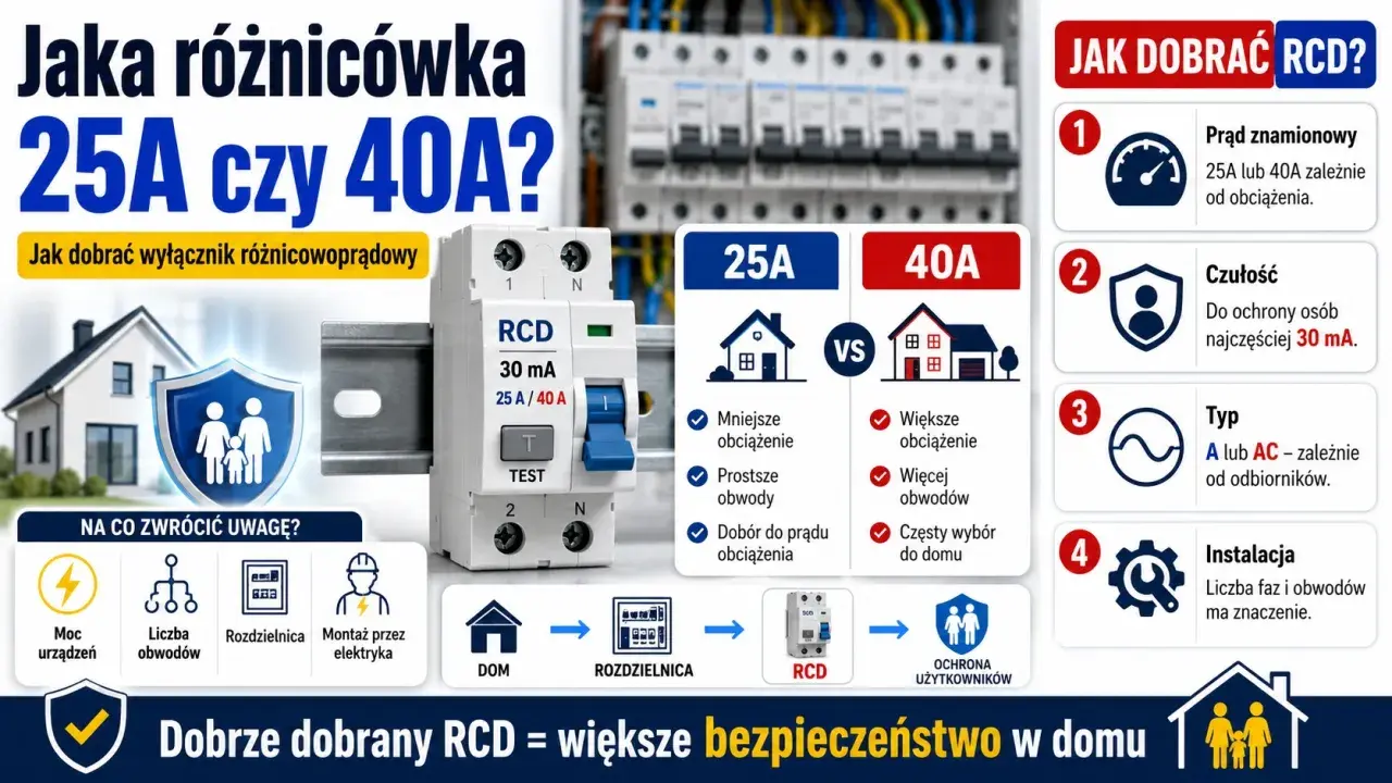 Porównanie wyłączników różnicowoprądowych 25A i 40A. Wybór odpowiedniej różnicówki do falownika zależy od obciążenia i liczby obwodów.