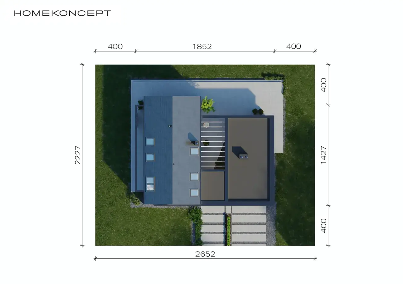 Nowoczesny dom z płaskim dachem, projekt HOMEKONCEPT 77, widziany z góry. Otoczony zielenią i wybrukowanym tarasem.