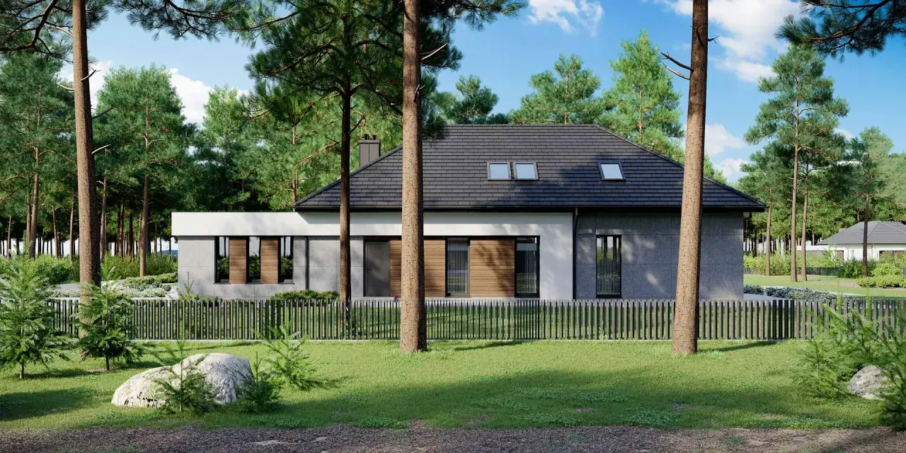 Nowoczesny dom z drewna i betonu, otoczony lasem. Projekt homekoncept 26 wariant 10, z dużymi oknami i dachem dwuspadowym.