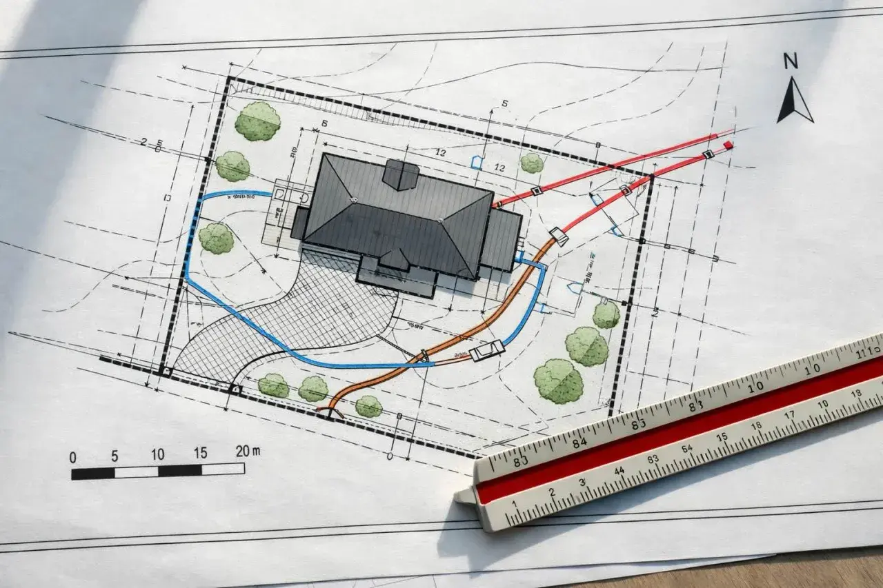 Projekt zagospodarowania działki przykład: plan domu z drogą dojazdową, zielenią i instalacjami. Linijka geodezyjna obok.