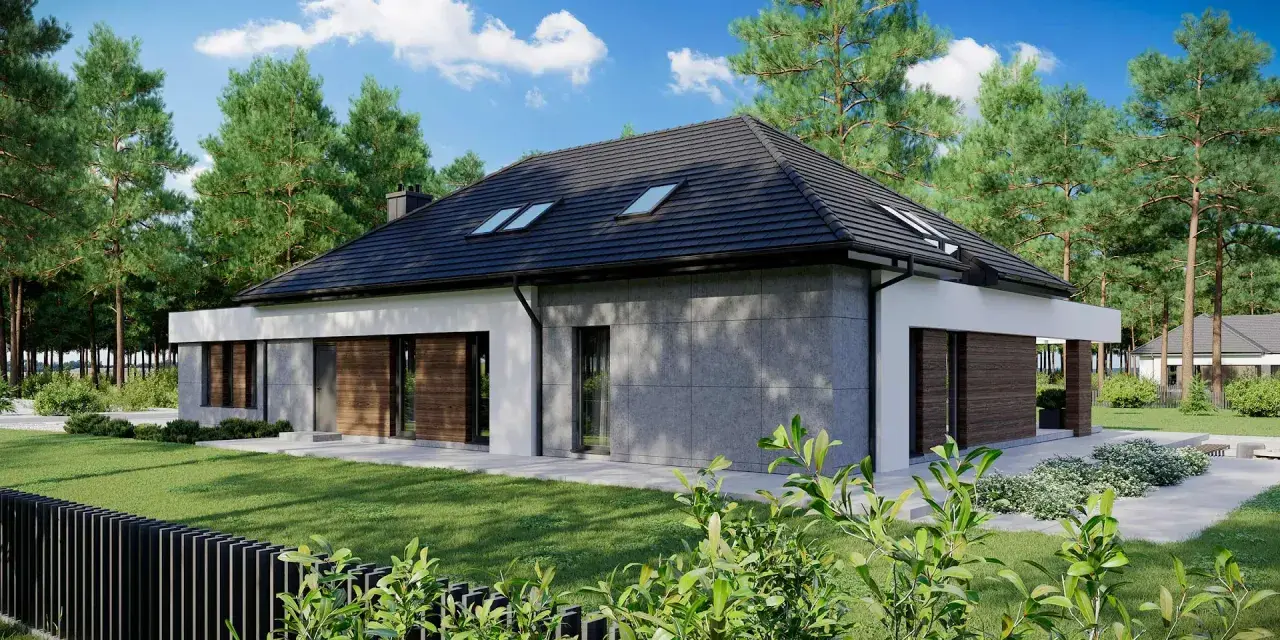 Nowoczesny dom z szarym kamieniem i drewnem, otoczony sosnami. Jedna z wielu inspirujących realizacji homekoncept 26.