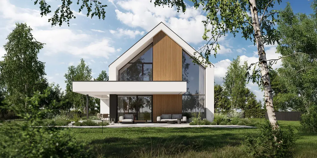 Nowoczesny dom z dużymi przeszkleniami i drewnianymi elementami, otoczony zielenią. Projekt homekoncept 130.