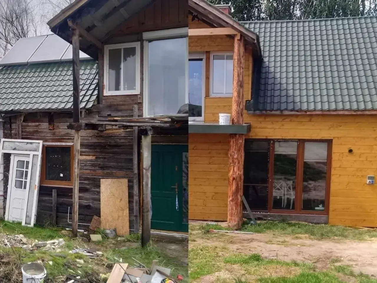 Przemiana starego domu na wzniesieniu w przytulne, drewniane schronienie. Widać wyraźną różnicę przed i po remoncie.