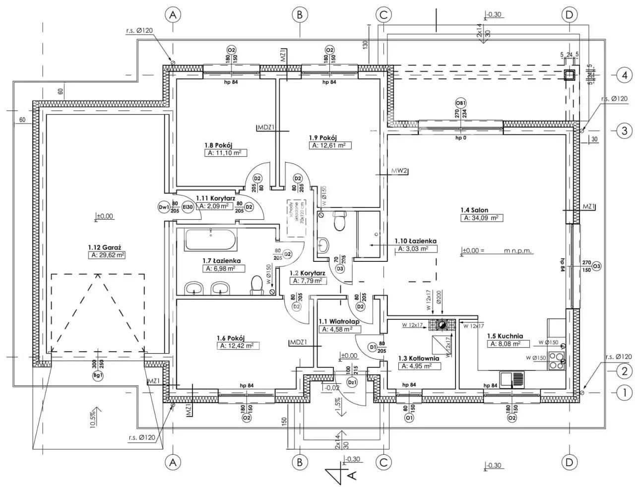 Rzut parteru domu z podziałem na pomieszczenia, z wymiarami i oznaczeniami, stanowiący podstawę do dalszych prac nad projektem technicznym a projektem budowlanym.