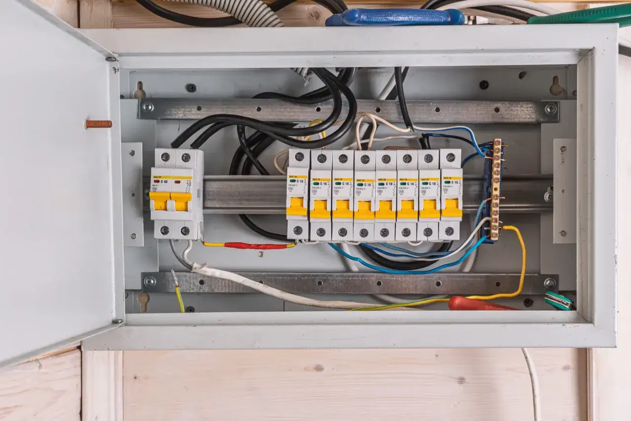 W skrzynce elektrycznej typu b widać bezpieczniki, przewody i listwę zaciskową.