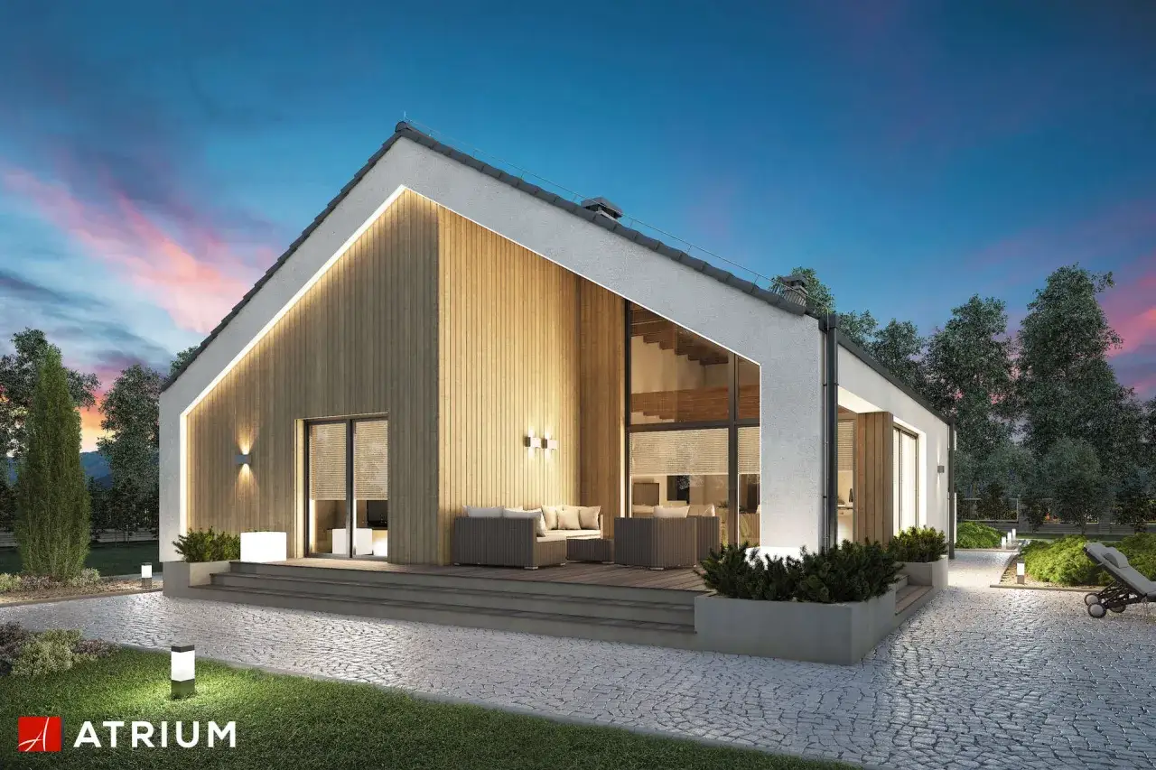 Nowoczesne projekty domów z keramzytu: przytulny taras z meblami, duże okna i oświetlenie tworzą ciepłą atmosferę.