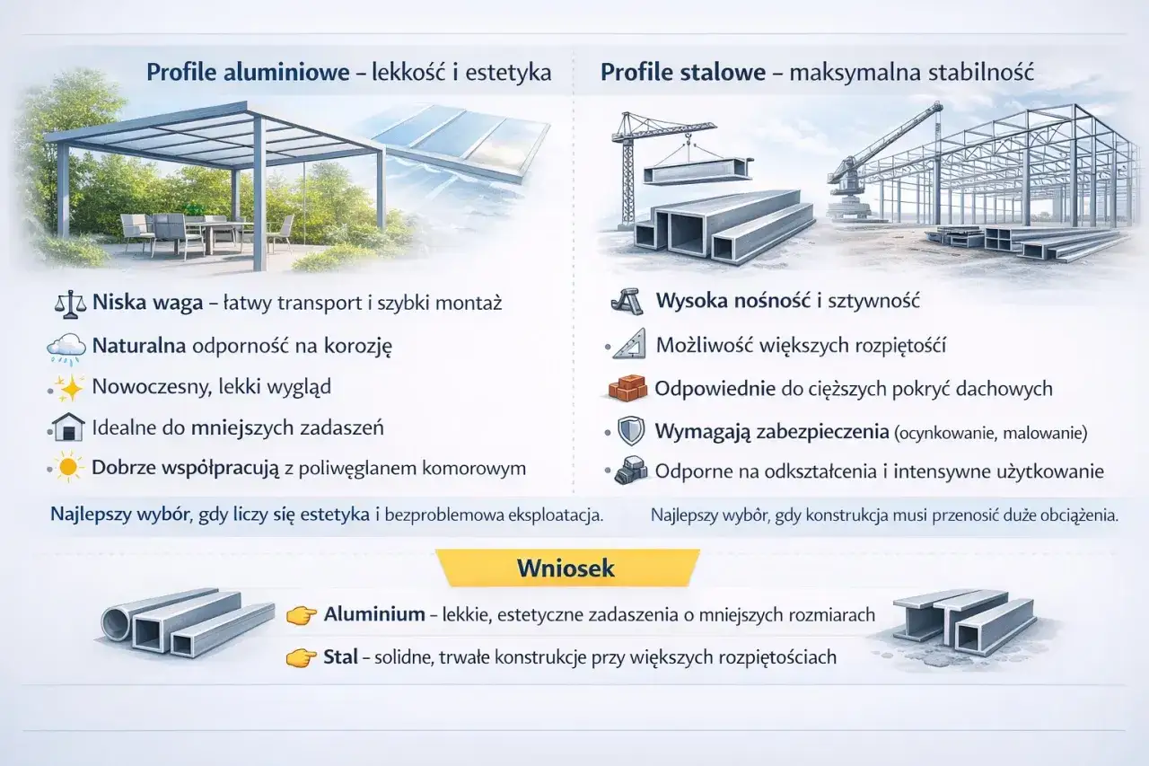Por&oacute;wnanie rodzaj&oacute;w blachy na dach: profile aluminiowe (lekkość, estetyka) i stalowe (stabilność, nośność).