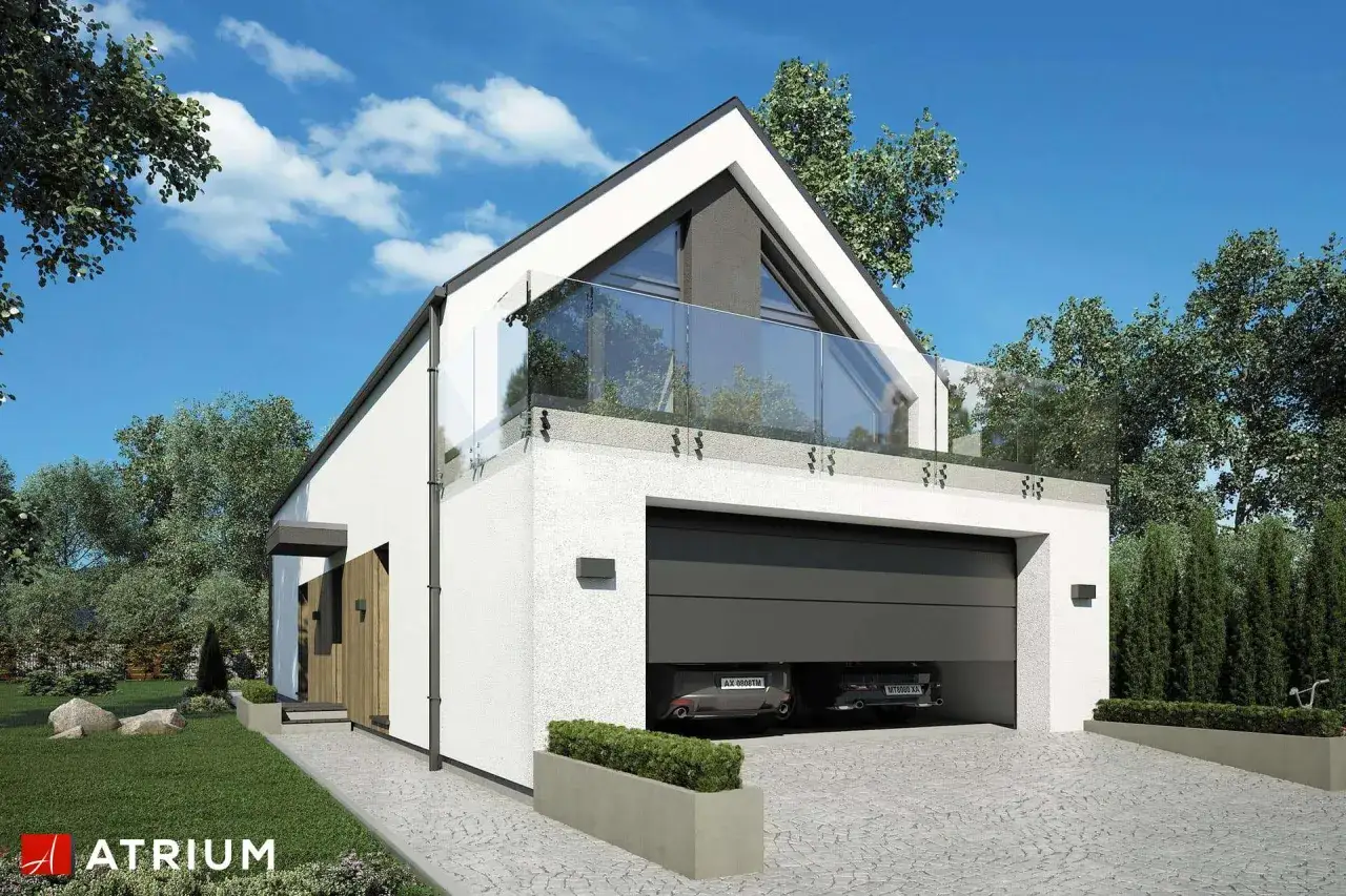 Nowoczesny dom z tarasem i garażem, projekt homekoncept 77. Dwa samochody czekają w garażu.