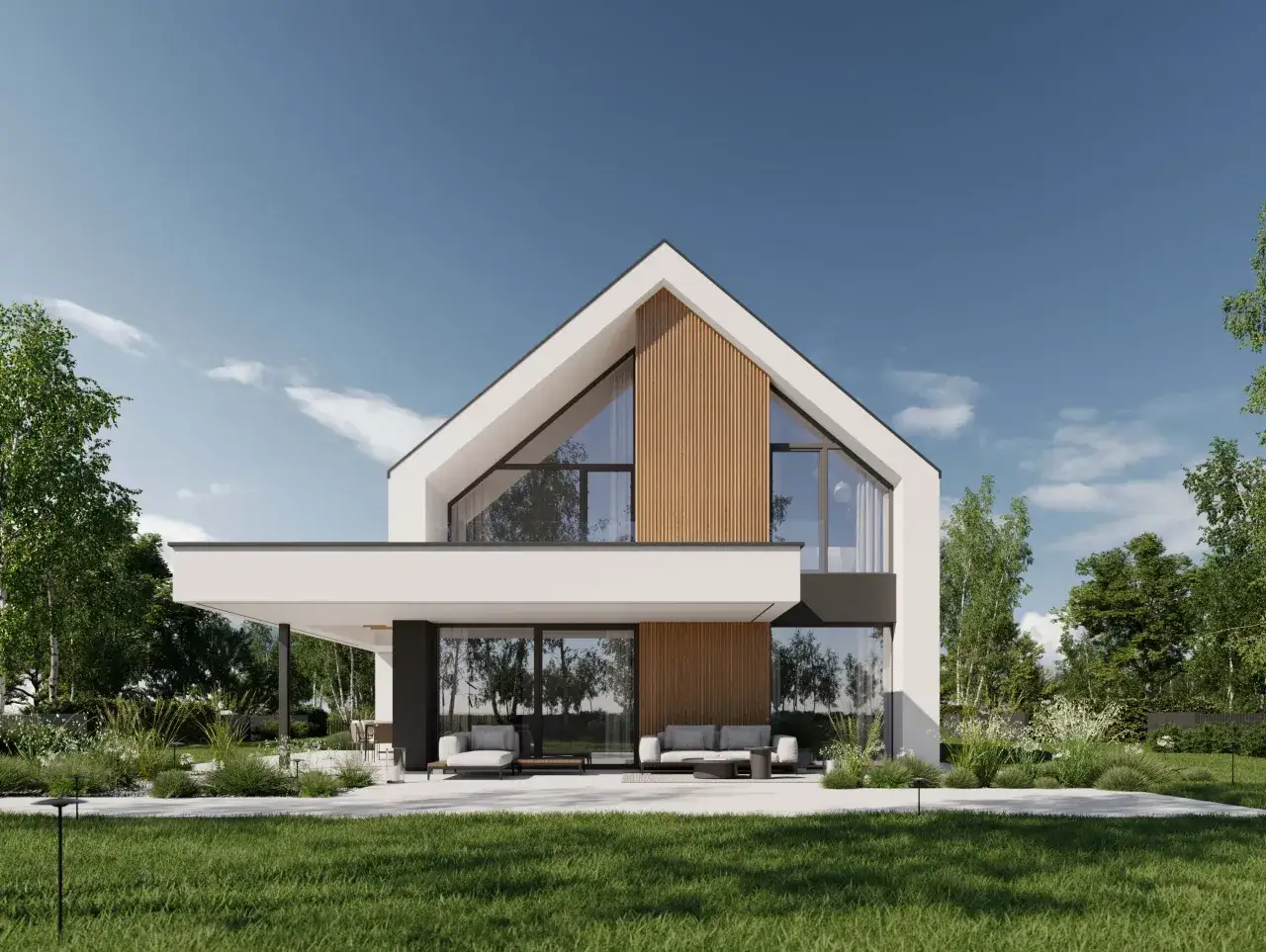 Nowoczesny dom z dużymi przeszkleniami i drewnianymi elementami, idealny do relaksu na tarasie. Projekt homekoncept 130.