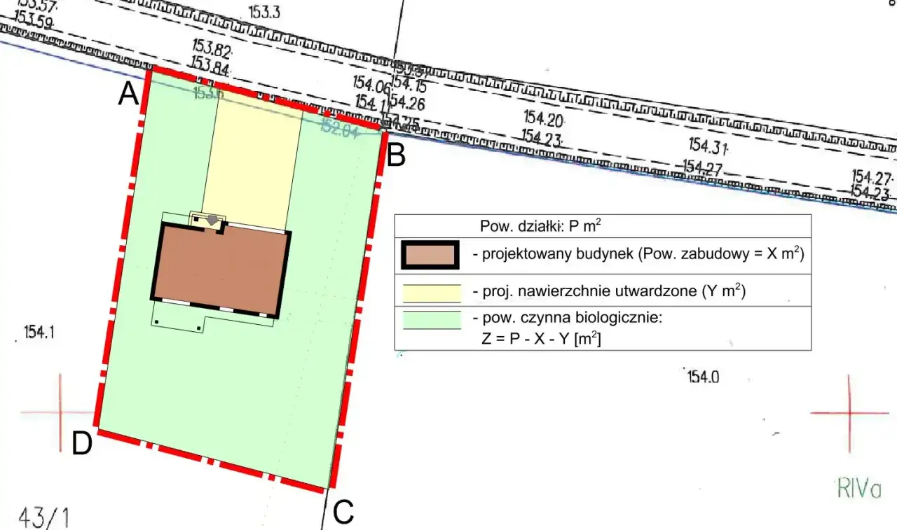 Plan zagospodarowania terenu z zaznaczonym budynkiem i powierzchnią biologicznie czynną. Ważność warunk&oacute;w zabudowy jest kluczowa dla realizacji projektu.