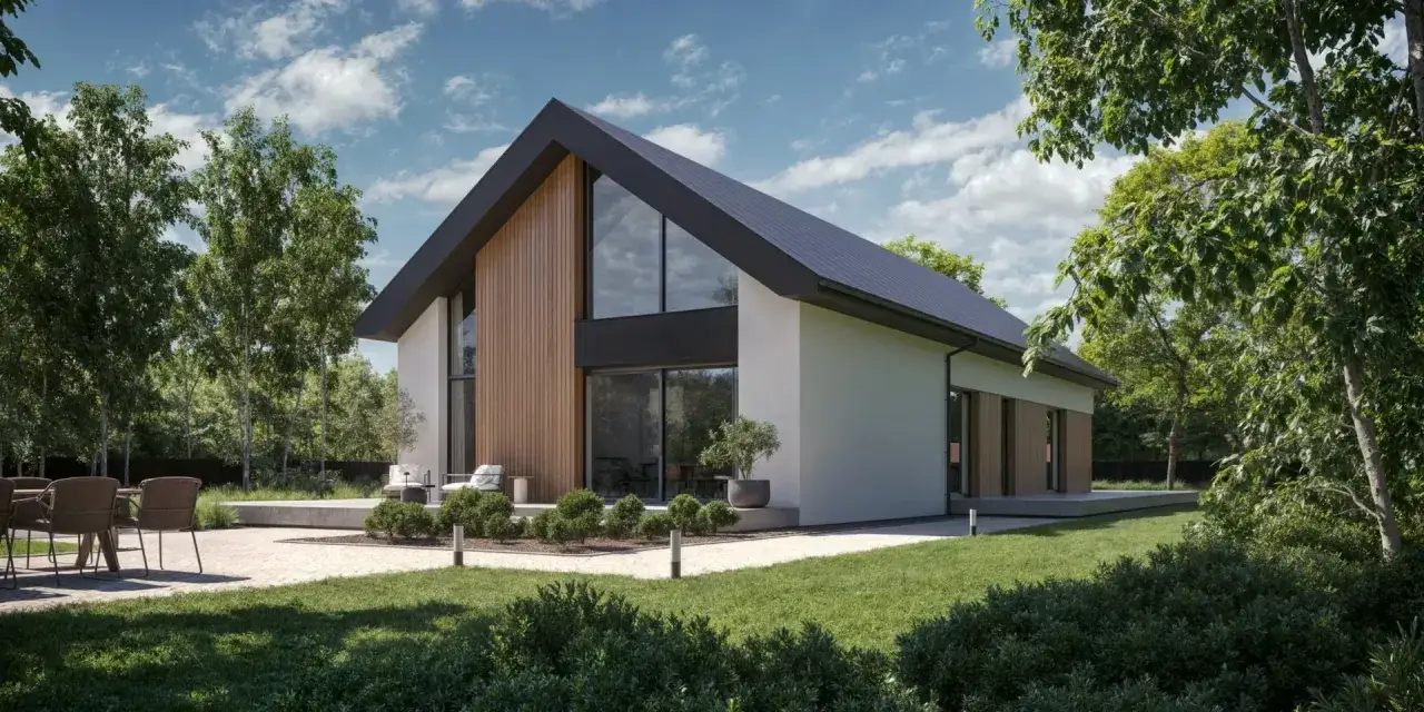 Nowoczesny dom 50m2 z dużymi przeszkleniami i drewnianą elewacją, otoczony zielenią.